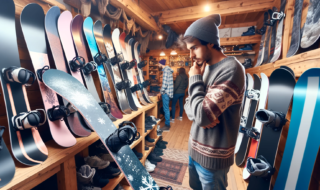 スノーボードショップで男性スノーボーダーがスノーボードの板を買おうか悩んでいる